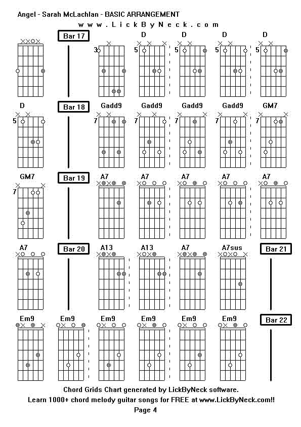 Chord Grids Chart of chord melody fingerstyle guitar song-Angel - Sarah McLachlan - BASIC ARRANGEMENT,generated by LickByNeck software.